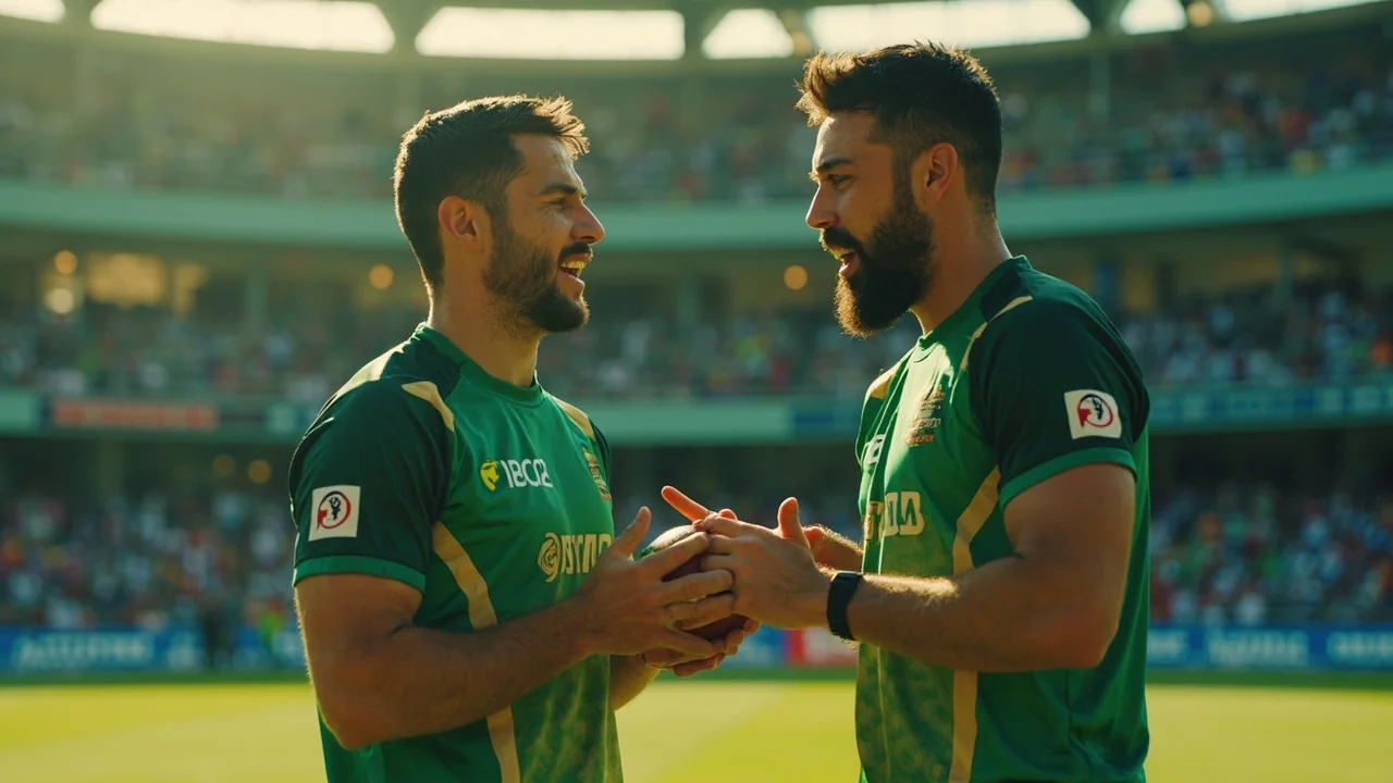 Two bearded cricket players in green kit exchanging a red cricket ball on a sunlit outfield