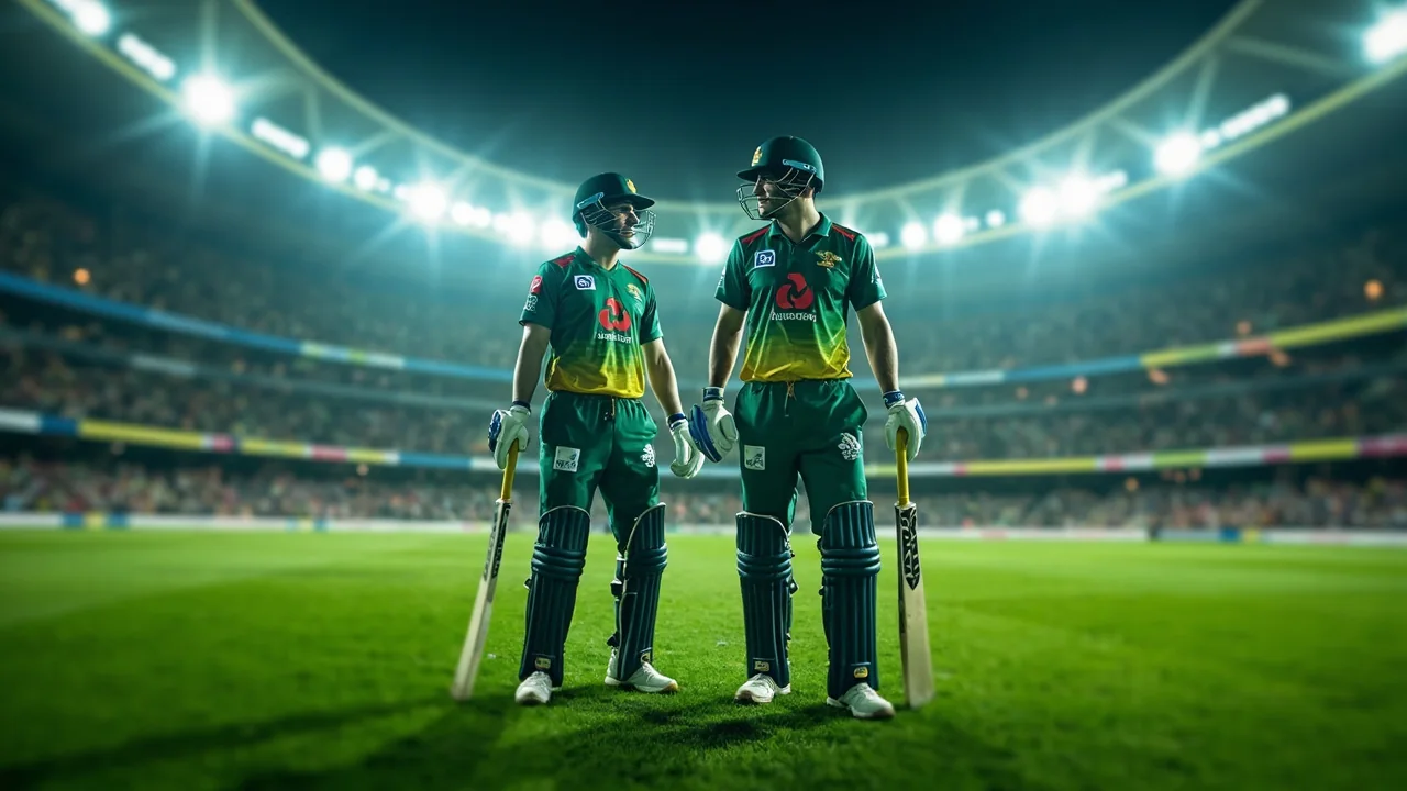 Two cricket batters in green-and-yellow kit on a floodlit stadium outfield at night