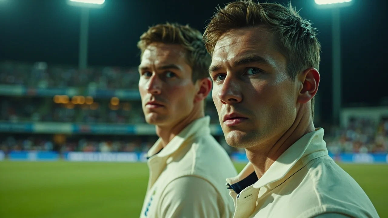 Close portraits of two fair-haired cricket players in cream shirts under night stadium lights