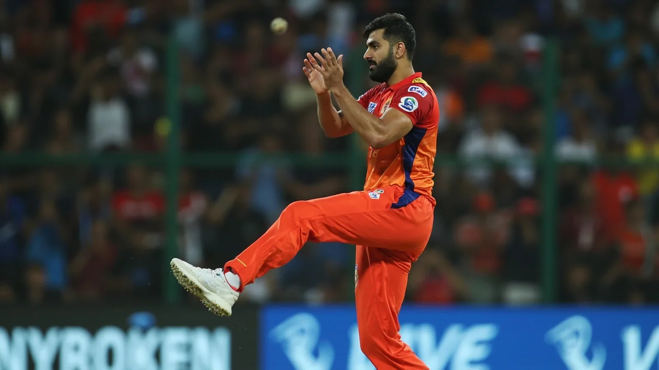 Tight sideline frame under stadium lights showing a key player in motion during an IPL fixture, used as the first analysis figure