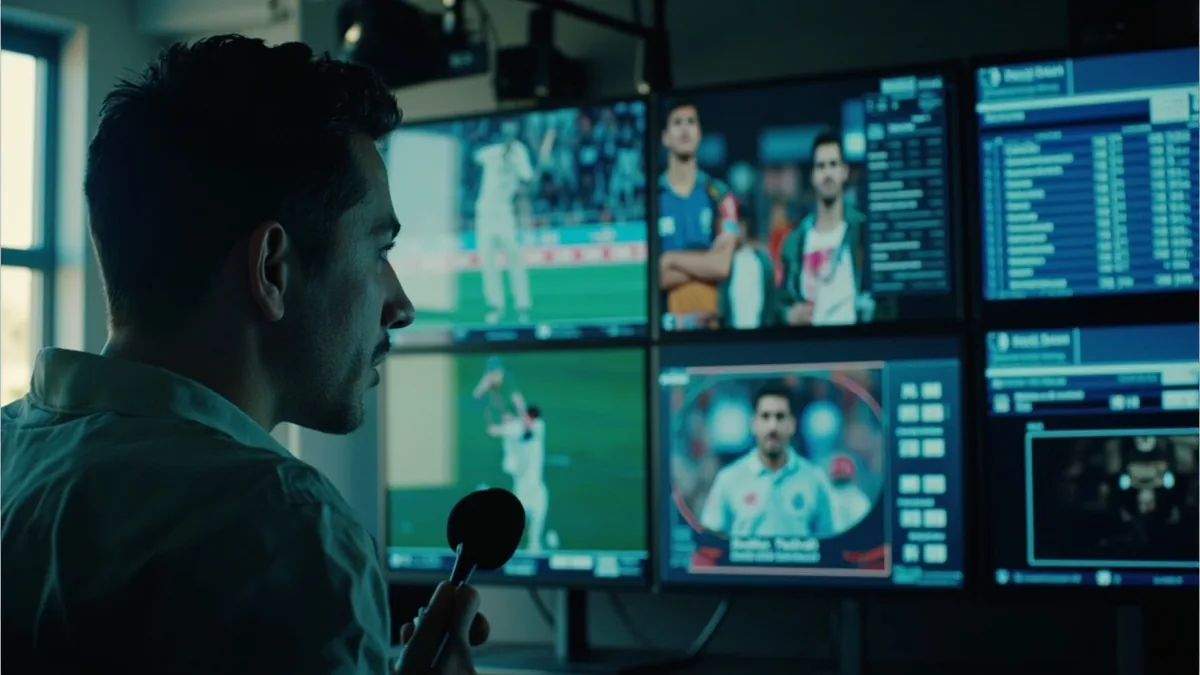 Cricket analyst reviewing player performance data on broadcast monitors with IPL match footage